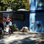 Uma casa azul com uma coleção de estátuas de porcos e decorações no jardim da frente.