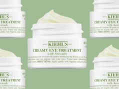 Você não pode comprar o sono, mas este negócio da Kiehl na Amazon está próximo Tratamento Cremoso para Olhos Kiehl's com Abacate em frasco branco, com algum produto por cima.