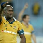 Rugby Union Test.Nelson Mandela Challenge Trophy Austrália V África do Sul no Telstra Stadium Homebush, Sydney. A imagem mostra Wallabies Wendell Sailor feliz após a vitória. Sábado, 9 de julho de 2005. Foto de SIMON ALEKNA. ESPECIALX 38943