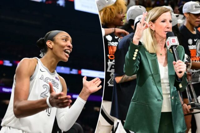 A comissária da WNBA, Cathy Engelbert, entrega o troféu ao Las Vegas Aces após o jogo contra o Phoenix Mercury durante o quarto jogo das finais da WNBA em 10 de outubro de 2025 na PHX Arena em Phoenix, Arizona.