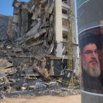 Retratos do falecido líder do Hezbollah, Sayyed Hassan Nasrallah, e do falecido fundador revolucionário iraniano, Aiatolá Khomeini, são vistos em frente a um prédio destruído que abrigava uma filial da Al-Qard Al-Hassan, uma instituição financeira não bancária dirigida pelo Hezbollah, que foi atingida por um ataque aéreo israelense em Dahiyeh, subúrbios ao sul de Beirute, Líbano, terça-feira, 10 de março de 2026. (AP Photo / Hussein Malla)