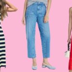 Segolene Hyppolite usa óculos escuros, camisa oversized azul e branca da Tommy Hilfiger, bolsa ráfia bege da Vanessa Bruno, calça jeans branca de cintura alta da Vanessa Bruno, sapatos slingback Chanel em jeans azul com pontas pretas, durante sessão de fotos de moda street style, no dia 20 de maio de 2024 em Paris, França.