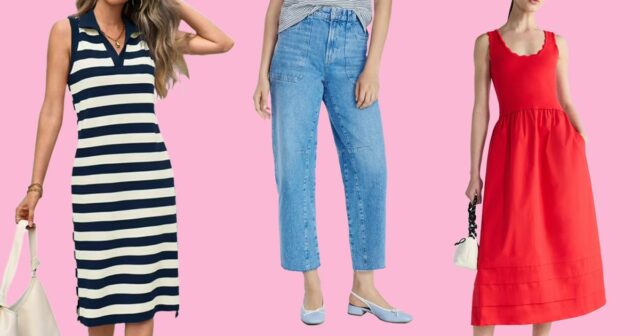 Segolene Hyppolite usa óculos escuros, camisa oversized azul e branca da Tommy Hilfiger, bolsa ráfia bege da Vanessa Bruno, calça jeans branca de cintura alta da Vanessa Bruno, sapatos slingback Chanel em jeans azul com pontas pretas, durante sessão de fotos de moda street style, no dia 20 de maio de 2024 em Paris, França.