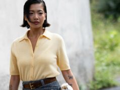 17 Cardigans de primavera da vovó costeira que não parecem ‘vovó’ PARIS, FRANÇA - 06 DE MARÇO: Tiffany Hsu usa cabelo preto com corte de cabelo bob, brincos de ouro, uma jaqueta grande de couro marrom, uma blusa de gola alta de malha marrom escuro com lenço longo, shorts justos marrom escuro, uma bolsa de couro preta, meia-calça marrom, sapatos scarpins pontiagudos de couro marrom escuro, fora da Loewe, durante a Paris Fashion Week - Moda Feminina Outono / Inverno 2026/2027, em 06 de março de 2026 em Paris, França (Foto por Edward Berthelot/Getty Images)