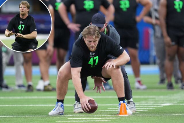 O atacante ofensivo da Flórida, Jake Slaughter, treinando no conjunto de olheiros de futebol americano da NFL.