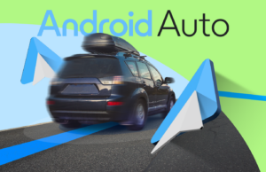 5 recursos subestimados do Android Auto que tornam as viagens longas não apenas suportáveis, mas também agradáveis Tela inicial do Android Auto com apps sobrepostos ao fundo com interior de carro desfocado