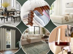 9 descobertas chiques que nossos editores estão de olho na promoção do Wayfair’s Way Day Quarto cinza escuro com janela coberta por cortinas bege claro, armário com luminária em cima, planta e cadeira de escritório cinza.