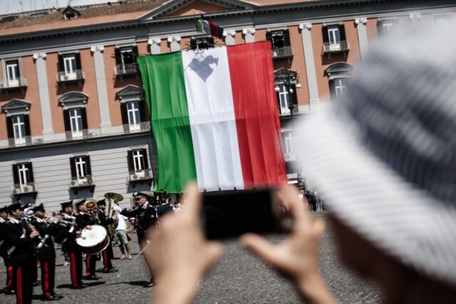 71st Anniversary Foundation Italian Republic in Naples, Italian, on June 2,2017, Flag-hoisting ceremony whit inter force department in Square the Plebiscito.