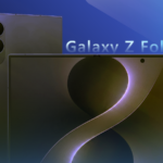 Três smartphones dobráveis ​​da Huawei, Apple e Samsung flutuando sobre um fundo azul.