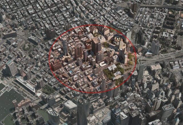 A red circle radius over New York City, representing a geofence warrant.