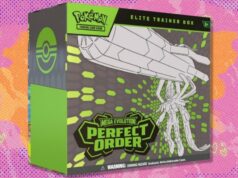 A caixa de treinador Pokémon TCG Perfect Order Elite agora custa US $ 88 no Walmart – economize vs. Amazon e TCGplayer O Pokémon TCG: Perfect Order Elite Trainer Box em um fundo branco