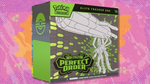 O Pokémon TCG: Perfect Order Elite Trainer Box em um fundo branco