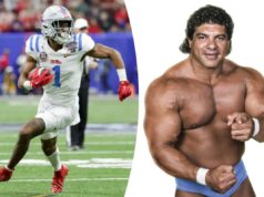 A escolha do segundo turno do 49ers, De’Zhaun Stribling, é sobrinho do Hall da Fama da WWE, Don ‘The Rock’ Muraco O lutador Superstar Billy Graham aponta para frente enquanto flexiona.