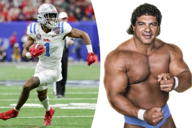 O lutador Superstar Billy Graham aponta para frente enquanto flexiona.