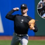 O arremessador do New York Yankees, Cade Winquest, se aquecendo para um jogo de beisebol.