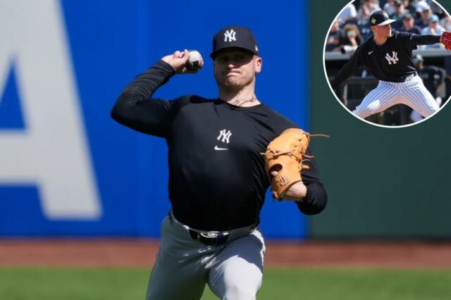 O arremessador do New York Yankees, Cade Winquest, se aquecendo para um jogo de beisebol.