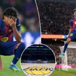 Lamine Yamal, do FC Barcelona, ​​reage após derrota no jogo da primeira mão dos quartos-de-final da UEFA Champions League.