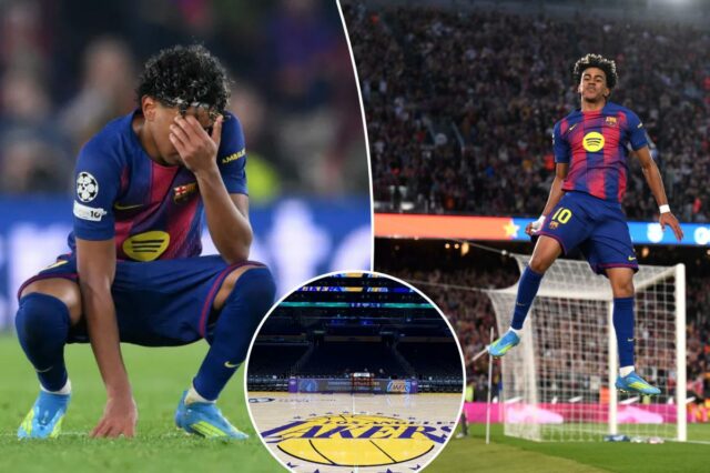 Lamine Yamal, do FC Barcelona, ​​reage após derrota no jogo da primeira mão dos quartos-de-final da UEFA Champions League.