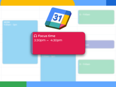 A expansão do ‘tempo para mim’ do Google Agenda acabou graças ao ‘Focus Time’ Mulher sorridente usando um smartphone em frente a um ícone do Google Agenda, cercado por uma paleta de cores, um sino de notificação desativado e um rótulo