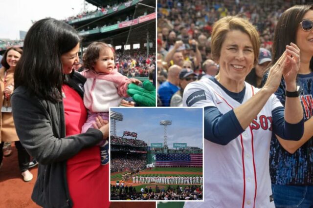 A governadora democrata Maura Healey e a prefeita de Boston A governadora democrata Maura Healey e a prefeita de Boston Michelle Wu foram vaiadas na estreia em casa do Red Sox