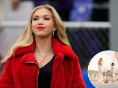 A herdeira dos Chiefs, Gracie Hunt, fica noiva do filho do ex-quarterback da NFL Gracie Hunt, Miss Kansas EUA, em campo durante o jogo do Campeonato AFC entre o Kansas City Chiefs e o Baltimore Ravens.