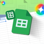 Um ícone 3D do Planilhas Google cercado por logotipos coloridos brilhantes de Gêmeos em um fundo roxo.