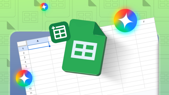 Um ícone 3D do Planilhas Google cercado por logotipos coloridos brilhantes de Gêmeos em um fundo roxo.