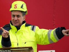 À medida que os preços dos combustíveis disparam, os eleitores dizem a Miliband para abandonar a sua obsessão Net Zero e suspender a proibição do petróleo e gás do Mar do Norte, o que tornaria TODAS as nossas vidas mais fáceis Uma investigação conduzida pelo antigo vice-presidente conservador Lord Ashcroft descobriu que metade de todos os eleitores pensam que Miliband deveria “perfurar, baby, perfurar”. Na foto: Sr. Miliband em uma visita ao porto de Holyhead, Norte do País de Gales em 2024