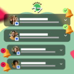 Uma mão segurando um smartphone cercado por sinos de notificação silenciados e bolhas de bate-papo flutuantes em um fundo vermelho.