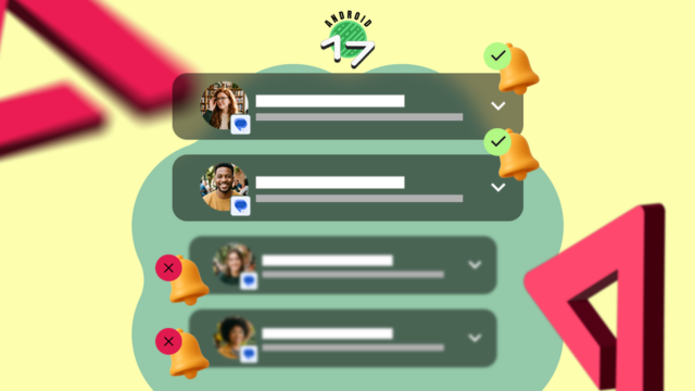 Uma mão segurando um smartphone cercado por sinos de notificação silenciados e bolhas de bate-papo flutuantes em um fundo vermelho.