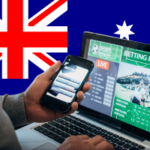 Anúncios de jogos de azar australianos em dispositivos móveis e laptops com interface de apostas esportivas e fundo da bandeira nacional destacando o debate sobre a reforma das apostas on-line