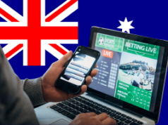 A repressão aos anúncios de jogos de azar na Austrália visa danos, mas os críticos dizem que as reformas são insuficientes Anúncios de jogos de azar australianos em dispositivos móveis e laptops com interface de apostas esportivas e fundo da bandeira nacional destacando o debate sobre a reforma das apostas on-line