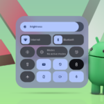 Close da tela de um smartphone exibindo o painel Configurações rápidas do Android, com o logotipo do Android visível na parte inferior