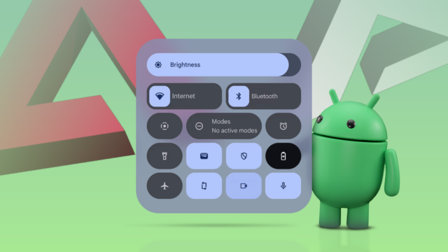 Close da tela de um smartphone exibindo o painel Configurações rápidas do Android, com o logotipo do Android visível na parte inferior