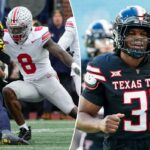 O linebacker do Ohio State Buckeyes, Arvell Reese (8), enfrenta o running back do Michigan Wolverines, Bryson Kuzdzal (24).