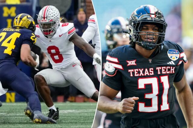 O linebacker do Ohio State Buckeyes, Arvell Reese (8), enfrenta o running back do Michigan Wolverines, Bryson Kuzdzal (24).