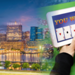 Imagem da legislação de jogos do sorteio de Maryland mostrando o horizonte de Baltimore e a tela de ganhos do cassino em tablet após contas de 2026 paralisadas