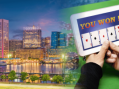 A sessão de Maryland termina deixando as contas de jogos de sorteio paralisadas mais uma vez enquanto a SGLA comemora Imagem da legislação de jogos do sorteio de Maryland mostrando o horizonte de Baltimore e a tela de ganhos do cassino em tablet após contas de 2026 paralisadas