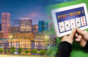 A sessão de Maryland termina deixando as contas de jogos de sorteio paralisadas mais uma vez enquanto a SGLA comemora Imagem da legislação de jogos do sorteio de Maryland mostrando o horizonte de Baltimore e a tela de ganhos do cassino em tablet após contas de 2026 paralisadas