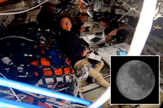 Tripulação do Artemis II: o piloto da NASA Victor Glover, o comandante da NASA Reid Wiseman, o especialista em missões da Agência Espacial Canadense Jeremy Hansen e a especialista em missões da NASA Christina Koch a bordo da espaçonave Orion Integrity