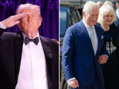 A visita real do rei Charles a Washington ainda acontece, diz o Palácio de Buckingham, apesar do tiroteio na Casa Branca Donald Trump saudando vestindo um smoking, com músicos em uniformes vermelhos ao fundo.