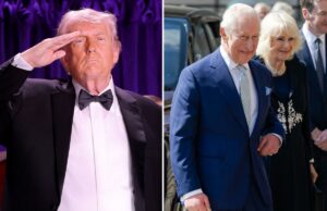 A visita real do rei Charles a Washington ainda acontece, diz o Palácio de Buckingham, apesar do tiroteio na Casa Branca Donald Trump saudando vestindo um smoking, com músicos em uniformes vermelhos ao fundo.