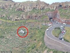 A viúva de um aposentado britânico de 77 anos, morto em um acidente de ônibus nas Ilhas Canárias, estava entre os 27 passageiros enviados ao hospital depois que uma suspeita de falha nos freios o fez cair na ravina Uma vista aérea mostra o local da queda de um ônibus turístico que saiu da estrada