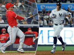 Aaron Judge, a batalha de poder de Mike Trout no início da temporada ‘entregue’ aos fãs Aaron Judge percorre as bases após seu home run solo contra o Los Angeles Angels na sexta entrada no Yankee Stadium no Bronx, Nova York, EUA, segunda-feira, 13 de abril de 2026.