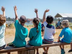 Acampamentos escolares temem pelo futuro, já que a crise de combustível continua a doer Alunos levantando as mãos para se voluntariarem ou fazerem perguntas ao professor em uma aula sobre natureza ao ar livre.