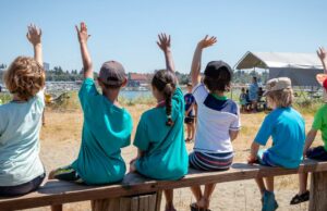 Acampamentos escolares temem pelo futuro, já que a crise de combustível continua a doer Alunos levantando as mãos para se voluntariarem ou fazerem perguntas ao professor em uma aula sobre natureza ao ar livre.