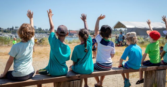 Acampamentos escolares temem pelo futuro, já que a crise de Alunos levantando as mãos para se voluntariarem ou fazerem perguntas ao professor em uma aula sobre natureza ao ar livre.