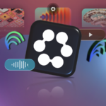 Uma mesa com laptop e outros itens de escritório, com o logotipo NotebookLM no centro.