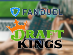 Ações federais da Interactive Games acusam FanDuel e DraftKings de violação de patente Gráfico mostrando os logotipos FanDuel e DraftKings sobre um fundo desfocado de uma pessoa usando um smartphone e laptop, sugerindo apostas esportivas móveis ou jogos de azar online. Ações federais da Interactive Games acusam FanDuel e DraftKings de violação de patente