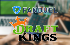 Ações federais da Interactive Games acusam FanDuel e DraftKings de violação de patente Gráfico mostrando os logotipos FanDuel e DraftKings sobre um fundo desfocado de uma pessoa usando um smartphone e laptop, sugerindo apostas esportivas móveis ou jogos de azar online. Ações federais da Interactive Games acusam FanDuel e DraftKings de violação de patente